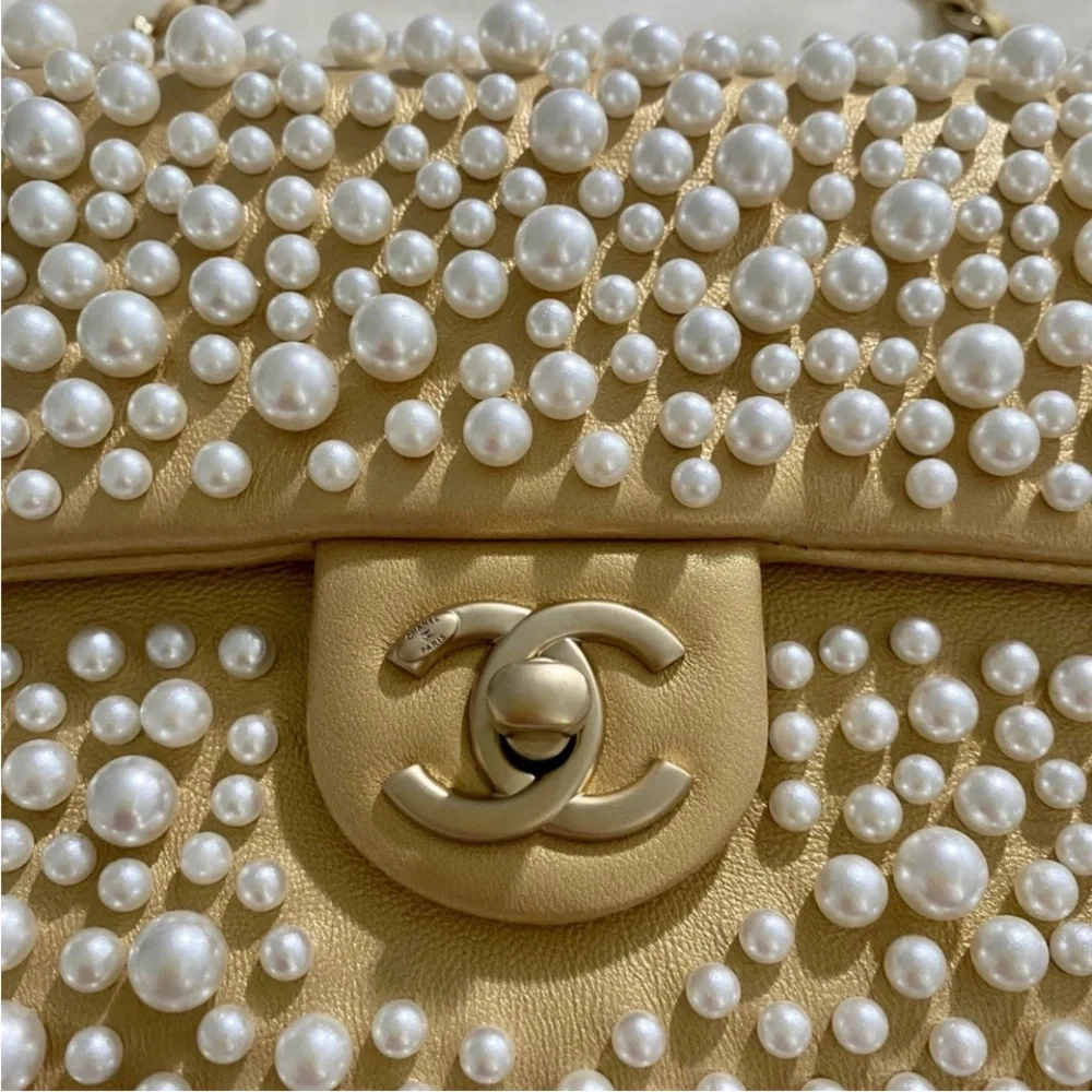 Authentic Rare Chanel Gold Pearl-Studded Flap Hand Bag